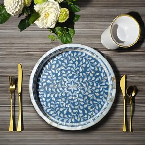 Plateau en bois rond classique avec incrustation de chevron en nacre plateau de service décoratif fait à la main pour cadeau de salle à manger de Table basse - Product Image 1