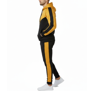 Conjunto Deportivo para Hombre en Oferta, Color Negro y Amarillo Mostaza con Bloques de Color Chevron, Sudadera con Capucha y Pantalones de Dos Piezas, Fabricante OEM - Product Image 3