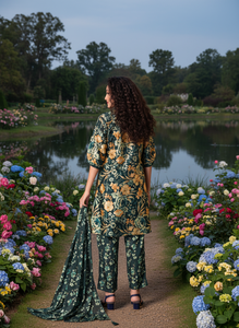 Ensemble coordonné élégant à imprimé floral pour femme, kurta et pantalon asymétriques ethniques contemporains, avec foulard assorti, idéal pour les fêtes, en polyester - Product Image 4