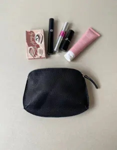 Black Goat Leather Cosmetic Bag Handy Travel Waterproof Makeup Small Compact Pouch Bridesmaid Gift LCB-0035