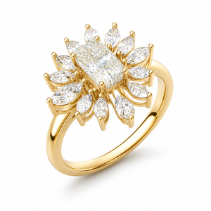 Bague de fiançailles de luxe en or 14 carats avec diamant de laboratoire taille radiant, grappe florale, halo de feuilles de diamant marquise, personnalisable OEM ODM - Product Image 1