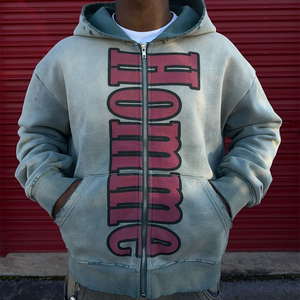 Sudadera con Capucha para Hombre, Estilo Urbano 2026, con Bordado, Patchwork, Relieve y Apliques, Efecto Monkey Acid Wash, 100% Algodón Felpa, Otoño - Product Image 6