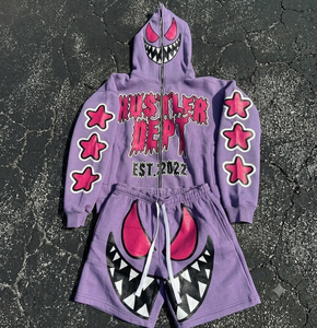 Conjunto Premium Ecológico de Sudadera con Cremallera Completa y Pantalones Cortos de Algodón 100% para Streetwear |   Chándal de tela gruesa con logo frontal - Product Image 5