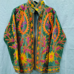 Green Floral Embroidered Bomber Jacket Orange Yellow Needle <b>Work</b> Coat <b>Stand</b> Collar Long Sleeves Side Pockets Women Casual Wear - Product Image 1