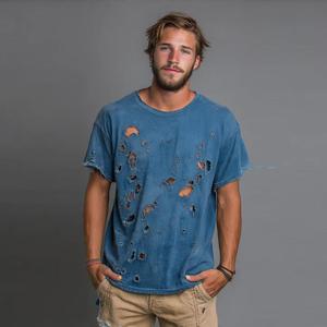 เสื้อยืดผู้ชายแบบใหม่ สไตล์ดิสเทรส 100% ผ้าฝ้าย คอกลม ใส่สบาย ระบายอากาศดี ทรงหลวม รับสกรีนโลโก้ OEM ตัวอักษร สไตล์ไฮสตรีท - Product Image 6