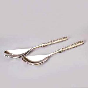 Servidor de ensaladas de acero inoxidable hecho a mano, vajilla con mango final de diseño en relieve plateado, juego de servidor de ensaladas único - Product Image 4