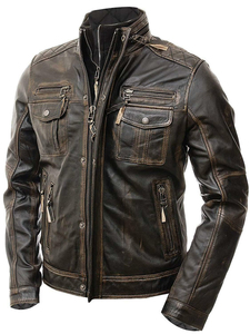 Cow Skin Leather Winter Motorcycle <b>Jacket</b> Biker Race Stand Collar <b>Slim</b> <b>Fit</b> Solid Color Zipper Windproof Breathable Eco-Friendly - Product Image 5