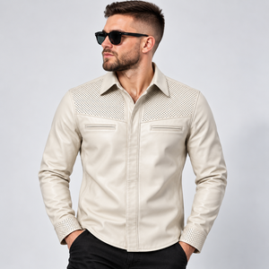Chemise en cuir ivoire pour homme, manches longues, col rabattu, jugulaire et poignets perforés, double poches poitrine, style décontracté moderne - Product Image 3