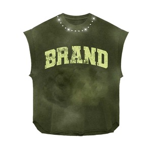 Women sleeveless tshirt GSM premium cotton jersey breathable <b>red</b> vintage wash rhinestone neck print custom Women's Cotton shirts - Product Image 3