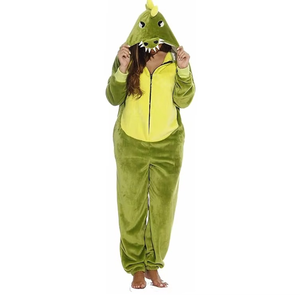 Combinaison de nuit à capuche personnalisée en molleton vert pour femme, motif dinosaure, longueur intégrale, fermeture éclair sur le devant, douce, pour l'automne - Product Image 1
