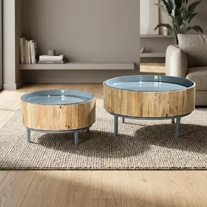 Modern Round Wood <b>Nesting</b> Coffee <b>Tables</b> Set of 2 Tray Top Metal Legs Scandinavian Living Room Furniture - Product Image 3
