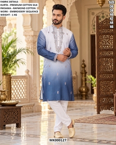 <b>Men's</b> <b>White</b> And Blue Gradient <b>Kurta</b> With Embroidery Sequence Payjama Regular Fit Ankle-Length Traditional Wear All Seasons - Product Image 3