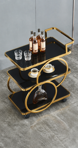 Chariot de bar à 3 niveaux en verre noir avec finition dorée, chariot à boissons roulant, mobilier de bar de luxe pour la maison, chariot de service de boissons contemporain - Product Image 5