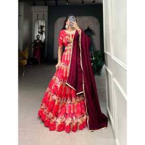 Atractivo Red Tussar Silk Lehenga Choli con Dupatta Impreso a mano Ropa tradicional china - Product Image 4