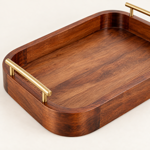 Plateau de service rectangulaire en bois artisanal avec poignées en laiton, plateau décoratif, vente en gros, OEM, ODM, en vrac - Product Image 5