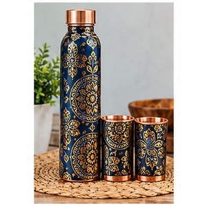 Juego de Botellas de Agua de Cobre con Estampado Floral de Vid Turquesa y Naranja, con Tazas a Juego, Portátil para Uso Doméstico - Product Image 2