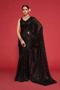 Sari de Georgette Negro de Lujo con Lentejuelas, Trabajo de Lentejuelas Pesadas y Diseño a Mano, Blusa de Verano para Bodas y Fiestas Indias - Product Image 5