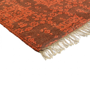 Alfombra DECORDEC Personalizada, Color Rojo Óxido y Marrón Oscuro, Diseño Geométrico de Medallones, Tejido Plano de Lana, Ecológica, Antideslizante, de Pelo Largo, con Flecos - Product Image 6