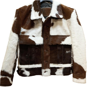 Veste en cuir véritable patchwork marron et blanc, col rabattu, écologique, style motard, doublure épaisse en coton/polyester, fermeture éclair - Product Image 4