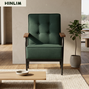 Fauteuil rembourré une place de style Mid-Century Modern avec accoudoirs à rail en tissu capitonné et structure métallique verte pour salon - Product Image 2