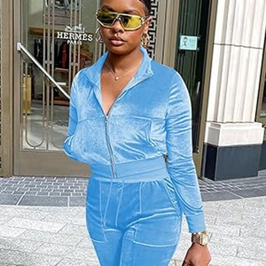 Ensemble de survêtement deux pièces en velours bleu pour femme, manches longues, taille haute, fermeture éclair sur le devant, style streetwear, printemps-été, sexy, style club - Product Image 6