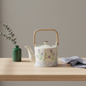 Théière en grès céramique de style nordique de qualité supérieure 3460937-0.65 avec couvercle à poignée en bois et motif floral estampé, capacité 650 ml - Product Image 4