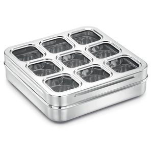 Trending 9 Compartment Stainless Steel Masala Dabba Kitchen Storage Essential Stainless Steel Square Shape 9 In 1 Spice <b>Box</b> - Product Image 4