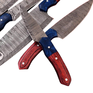 custom Handmade Damascus Steel BBQ Chef <b>Knife</b> <b>Set</b> 5 - piece With Wood Handle Cooking <b>Knife</b> <b>Set</b> with leather sheath - Product Image 4