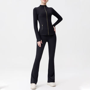 2026 New Design Eco Friendly Quick Drying Breathable Stand up Collar Full Length Yoga Jacket Solid <b>Flare</b> <b>Legging</b> Set Seamless - Product Image 4