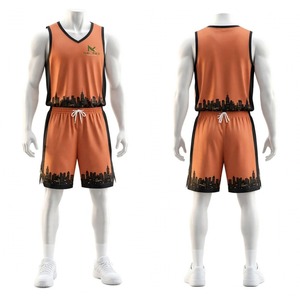 Uniforme de basket-ball pour hommes NEXTEX, orange et noir, imprimé City Skyline, maillot sans manches et short, kit en polyester par sublimation - Product Image 2