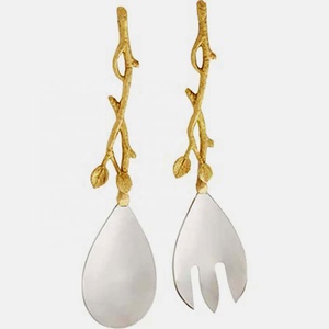 Unique Gold Twig with Leaf Handle Salad <b>Server</b> Set Stainless Steel Tableware for Royal Dining Home Kitchen Use - Product Image 1