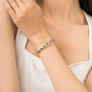 Precious <b>Gemstone</b> Luxury Emerald & Diamond Halo Wedding Tennis <b>Bracelet</b> For Unisex Bulk Custom Order 18K Yellow Gold Jewelry - Product Image 6