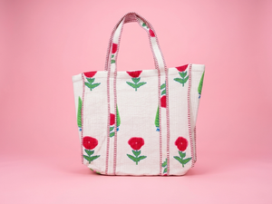 Sac fourre-tout matelassé en coton durable à motif floral avec fermeture éclair, léger et polyvalent pour les courses, les voyages quotidiens et la plage - Product Image 1