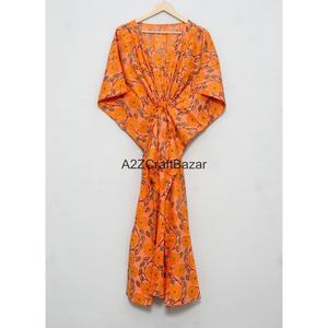 Caftán de algodón para mujer, cuello en V, sin mangas, ecológico, ajustado, con estampado de bloques, lavable, cómodo, corte maxi, con aberturas - Product Image 6