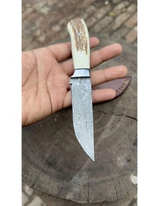 Cuchillo de caza hecho a mano con hoja de acero de Damasco de punta caída, grosor de 0.7mm, mango de cuerno, funda de cuero, soporte ODM - Product Image 5