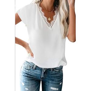 Barato a granel personalizado color sólido cuello en V encaje ajuste camiseta de gran tamaño 100% algodón manga corta Camiseta para mujer - Product Image 2