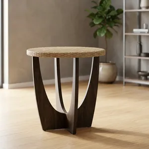 Modern <b>Round</b> Wooden <b>Side</b> <b>Table</b> With Cane Top Sculptural Base Handmade Accent End <b>Table</b> for Living Room Bedroom Decor - Product Image 2