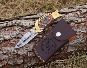 Cuchillo plegable de acero de Damasco 58HRC con hoja recta y punta caída, mango de madera y hueso, calidad industrial, cuchillo de camping, regalo para el compañero/a de vida. - Product Image 5