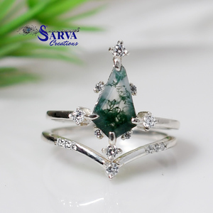 Bague pour femme en argent 925 avec zircone et pierre verte naturelle, design géométrique, plaqué rhodium, style bohème - Product Image 1