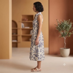 Robe chemise midi sans manches pour femme, motif floral bleu et blanc, taille froncée, en coton extensible, boutonnée sur le devant avec poches - Product Image 5