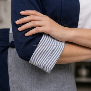 Conjunto de Uniforme de Chef Unisex, Algodón Tejido, Manga Larga, Cierre de Botones, Delantal Azul y Blanco, para Restaurante y Bar - Product Image 4