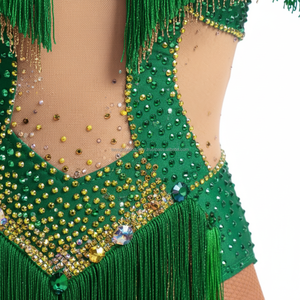 Traje de Majorette Personalizado para Mujer, Verde, con Pedrería, Flecos y Lentejuelas, Malla, para Actuaciones de Baile, OEM - Product Image 6