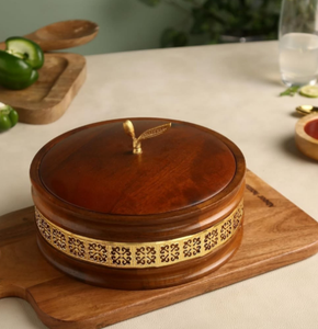 Brown Wooden Box Bamboo Wood Warmer <b>Basket</b> Chapati Roti Bread Holder <b>with</b> <b>Lid</b> Serving Roti Container Kitchen - Product Image 2