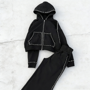 Custom <b>Vintage</b> Washed Solid <b>Tracksuit</b> Set Cropped Zip Hoodie Wide Leg Pants Rhinestone Streetwear Unisex 100% Cotton - Product Image 5