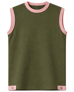 ชุดเซ็ตเสื้อกล้ามและกางเกงขาสั้นสีเขียวมะกอกสำหรับผู้ชาย แต่งขอบสีชมพู พร้อมเชือกผูกเอว ชุดลำลองฤดูร้อนผ้าฝ้ายสองชิ้น - Product Image 1