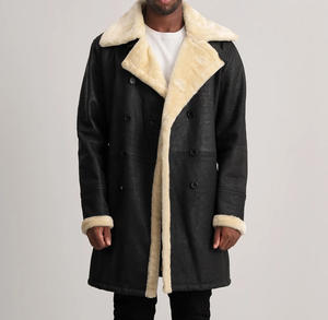 Veste en cuir pour homme de haute qualité, sur mesure, avec fourrure, coupe ajustée, noire, longue, manches en cuir, pour l'hiver - Product Image 1