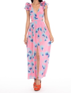 Robe longue d'été rose en mousseline de coton à motif floral, col en V profond, sans manches, taille naturelle, coupe droite, avec poches - Product Image 2