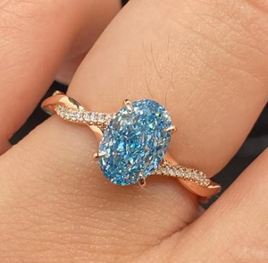 Anillo Solitario de Diamante Corte Ovalado Color Aguamarina con Banda de Oro Sólido Trenzado para Aniversario, Compromiso, Regalo de Joyería Fina - Product Image 2