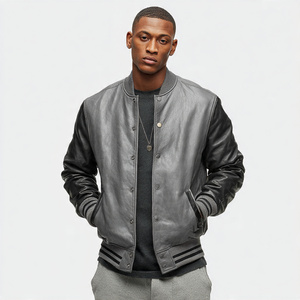 Outdoor <b>Leather</b> Jacket Men Custom Button Up Crew Neck PU <b>Leather</b> Varsity Jackets <b>Tops</b> Baseball <b>Leather</b> Varsity Jacket Men's - Product Image 2