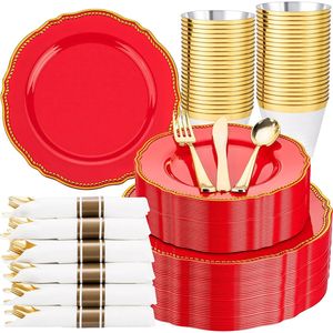 350pcs Red Gold Plastic <b>Dinnerware</b> Set Includes 50 Dinner Plates 50 Dessert Plates 50 Cups with Pre-Ready Liners - Product Image 1